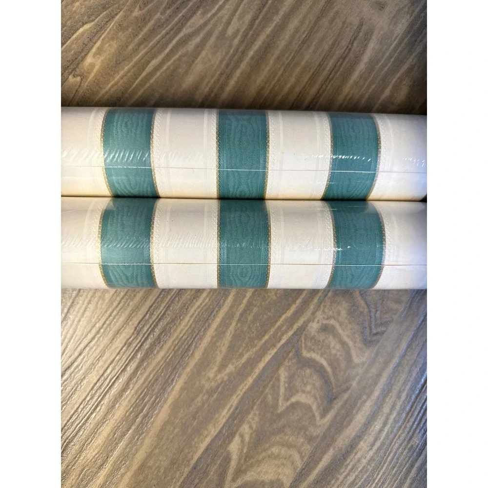 VTG Sunworthy Wallpaper Home 2 Rolls Teal New Striped Vinyl WS5104 Gold‎ Trim